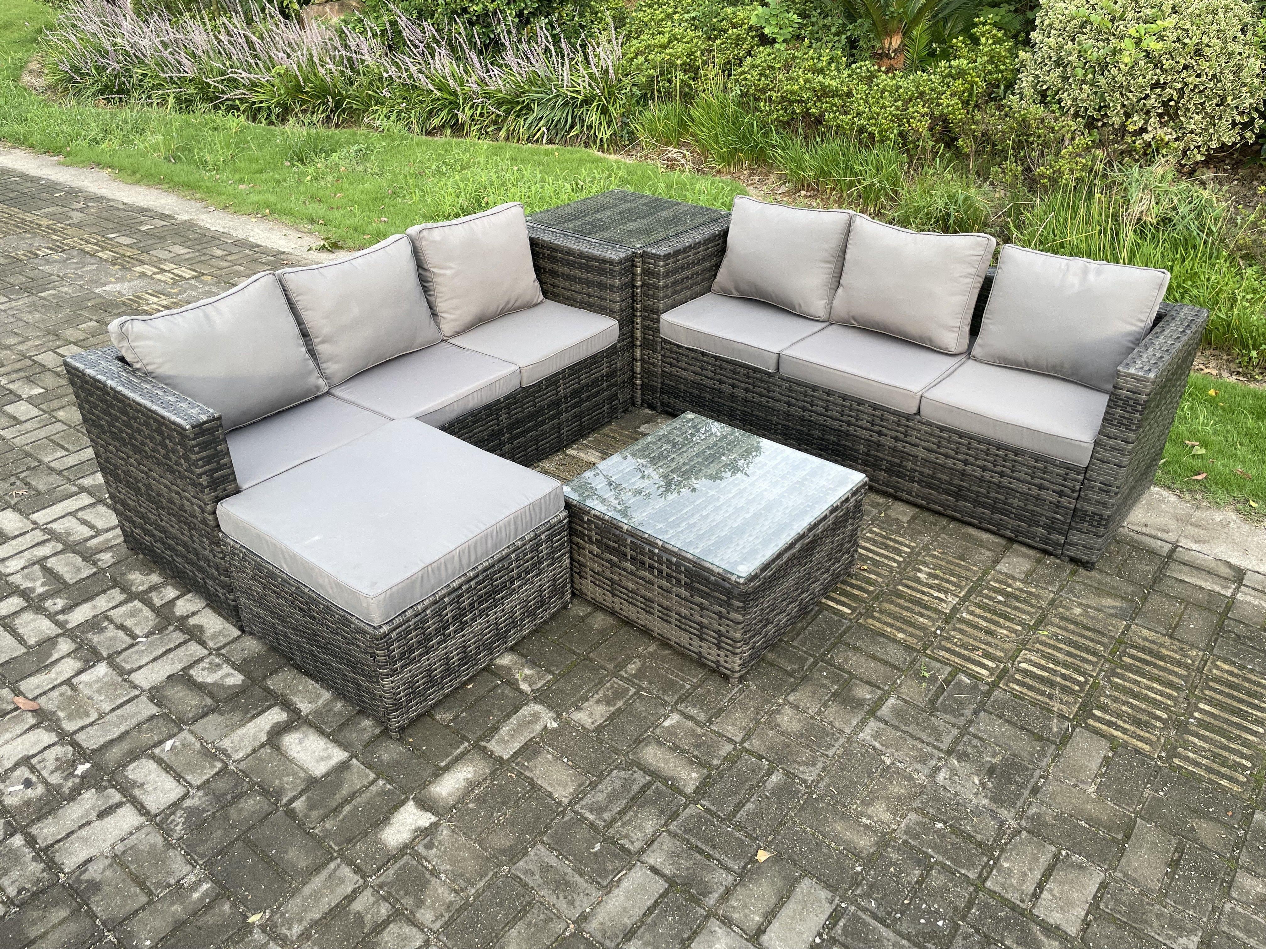7 Seater Rattan Garden Furniture Sofa Set with Side Table Square Coffee Table Big Footstool Indoor O
